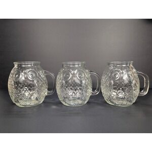 Set of 3 Glass‎ Owl Mugs Drinking Cups Embossed Textured Owl Face Handle 16 Oz